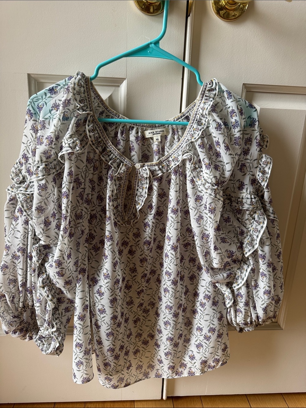 Max Studio White Blouse with Purple Floral Print